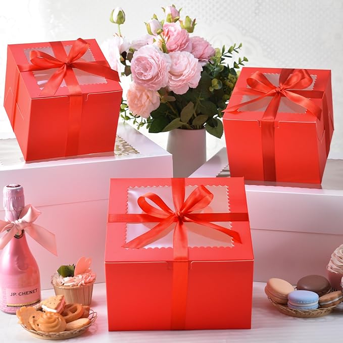 KPOSIYA 40pcs 6x6x5 inch Mini Cake Boxes with Cake Boards (20 Boxes & 20 Boards), 6 inch Small Cake Boxes with Lids，Cajas de mini pastel Bakery Boxes with Window for Christmas Thanksgiving