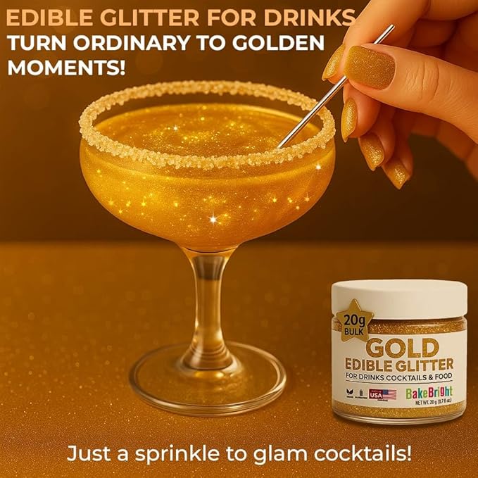 Gold Edible Glitter for Drinks Bulk 20g | Premium Edible Glitter for Cakes, Cocktails, Gold Cake Decorating Decorations Food Grade, Vegan, Kosher, Halal, Gluten Free - Made in USA