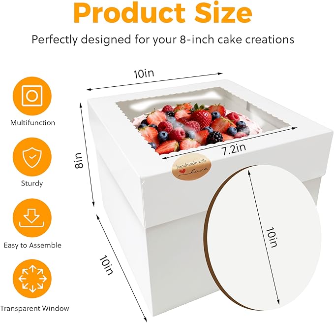 3 Sets Cake Boxes,10x10x8 Inch Tall Cake Box with Cake Boards 10",Disposable Cake Containers with Lids,White Bakery Boxes with Large Window,for Layer Cakes,Pies,Donuts,Cookies,Wedding,Birthday,Party