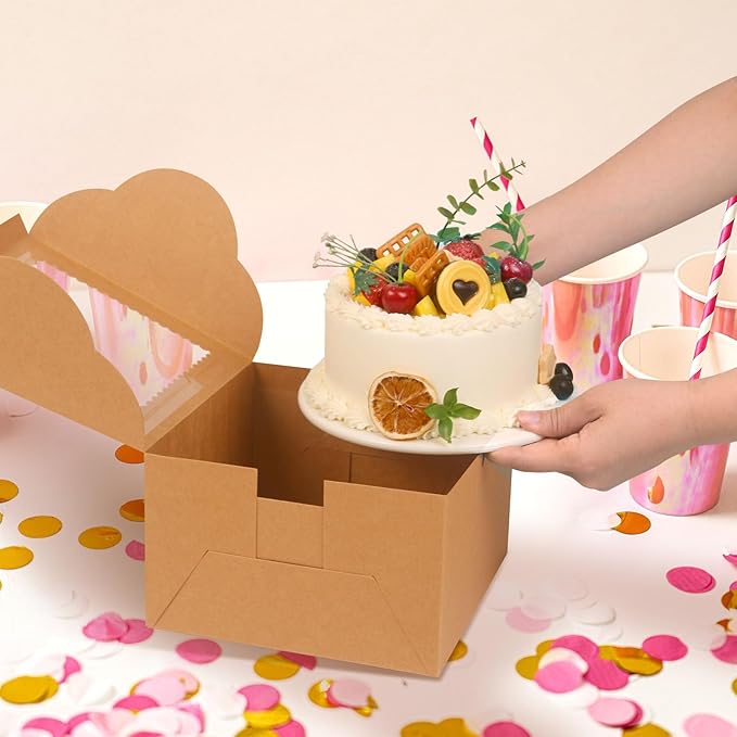 20Pcs 8 Inch Cake Boxes with Window, 8x8x5 Inches Brown Bakery Boxes, Cake Carrier Container for Pastries, Pie, Cookies, Chocolates, Cupcakes, Birthday Party, Wedding