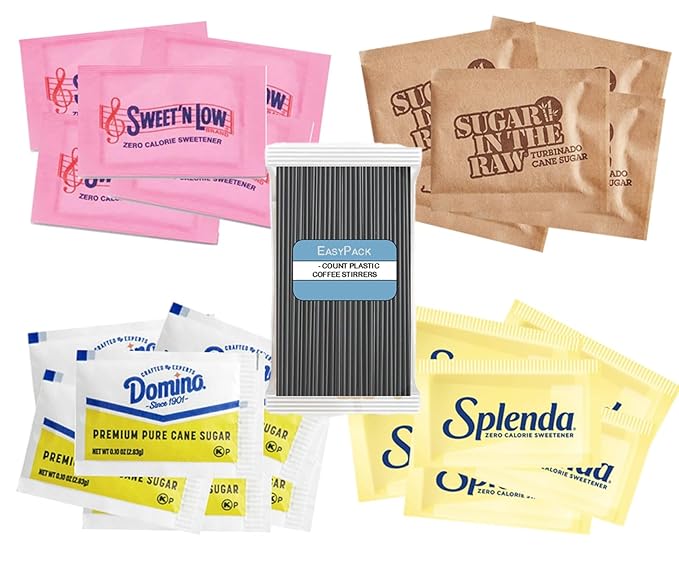 Sugar and Sweeteners Variety Pack - 25 Pure Cane Sugar, 25 Brown Sugar, 25 Yellow Sweetner, 25 Pink Sweetener, 100 Plastic Stirrers - Perfect for Coffee, Tea, Baking, Office, Restaurant, Sugar and Sweetener Assortment Packets .