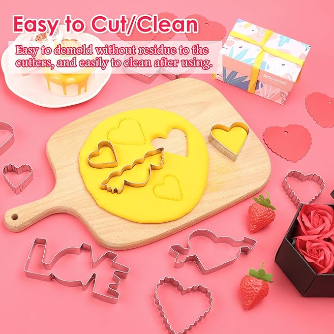 17Pcs Valentine's Day Cookie Cutters, Food-Grade Stainless Steel Valentines Biscuit Cutters with Heart, Wing Heart, LOVE, Flower, Easy to Demold & Cut for Cookies Cake Fruit