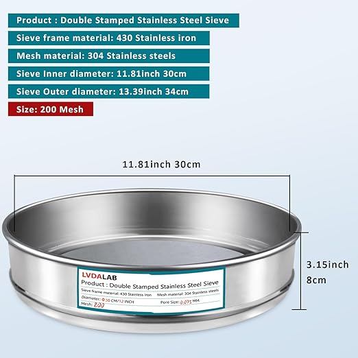 304 Stainless Steel Lab Sieve Screen Mesh, 200 Mesh (0.075mm) Aperture Test Sieve, 12Inch(30cm) Diameter Economy Standard Analysis Sample Test Sieves for Industrial Laboratory Homes