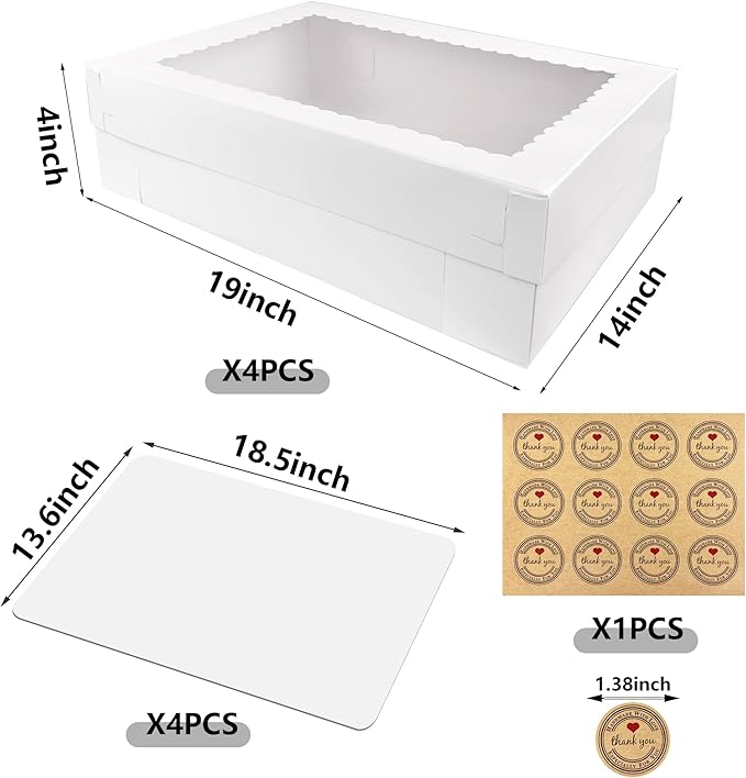 MUMULULU 4 PCS 19x14x4 Inch Cake Boxes with Cake Board White Sheet Rectangular Bakery Boxes with Window for Donuts Cookies Dessert Cupcakes Pastry Baking Pie Packaging