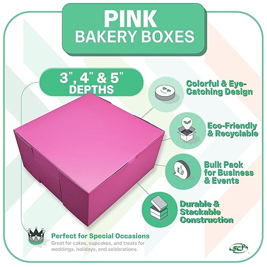 Southern Champion Tray 0871 Pink Paperboard Non-Window Lock-Corner Bakery Box, 10" Length x 10" Width x 3" Height (Case of 200)