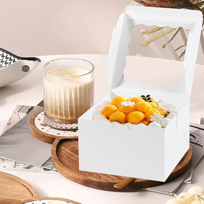 JCD 48pcs Cake Boxes 8x8x5in with Window,White 8 inch Cake Boxes with Boards for Pastries,Cupcakes,Cookies, Pie, Muffins and Donuts(24 Boxes &24 Boards & Stickers & ribbon) (8 * 8 * 5inch/24sets)