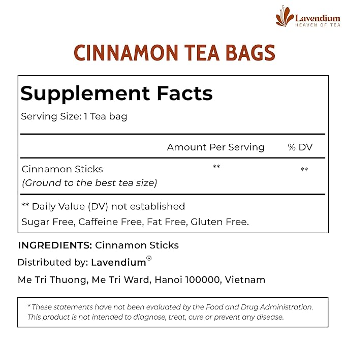Lavendium, 20 Pure Cinnamon Tea Bags, Made of 100% Natural Cinnamon Sticks, Herbal Tea, No Additives, No Caffeine, No Gluten, Vegan.
