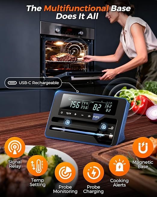 2025 AI Wireless Meat Thermometer, Smart Bluetooth Meat Thermometer Digital, ±0.5°F High Accuracy, Grill Temperature Probe for BBQ, Grilling, Smoker, Oven, Cooking, Air Fryer, 2 Probes