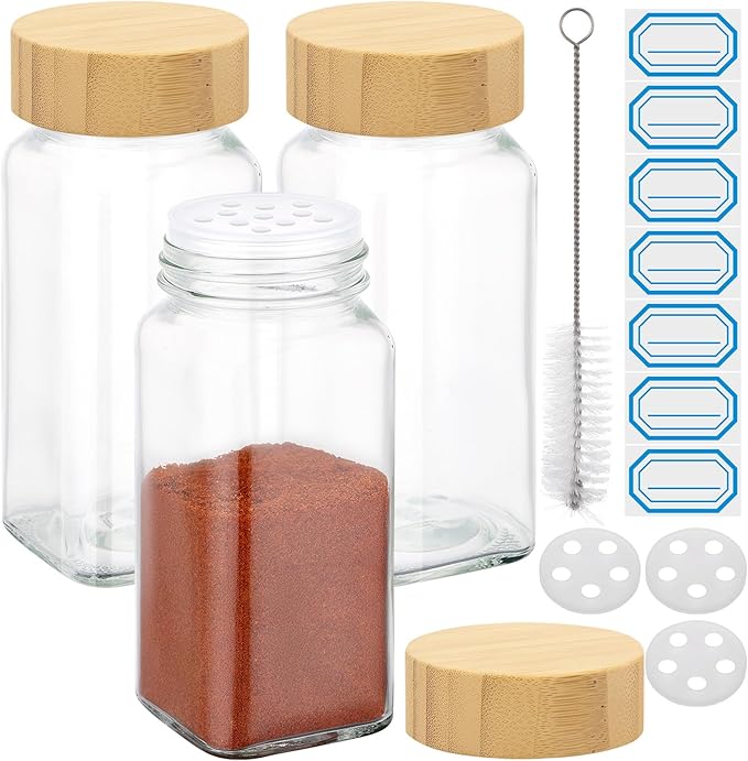 Segarty 4oz Spices Jars with Bamboo Shaker Lids, 3 PCS Square Spice Containers, 120ml Empty Glass Seasoning Organizers for Spices Herbs Storage, Small Salt and Pepper Shakers with 7 Stickers, 1 Brush