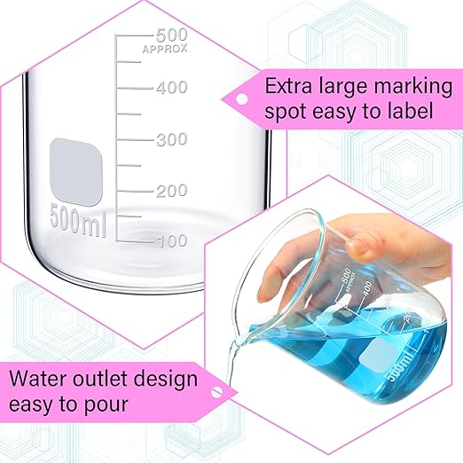 8 Pcs 500 ml Glass Lab Beaker 3.3 Borosilicate Glass Measuring Cup with Spout Low Form Glassware for Laboratories Classrooms or Home Use