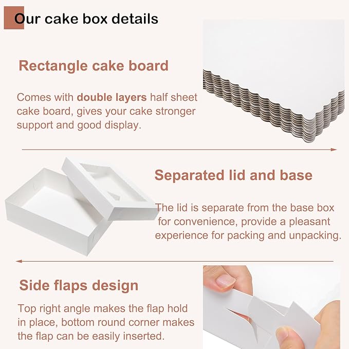 6pcs 19x14x4 Half Sheet Cake Boxes with 6pcs Cake Boards Rectangle 1/2 Sheet Bakery Boxes with Window for Pastry Baking Cake, Cupcakes, Donuts, Cookies, Pie Treat Packaging White Large