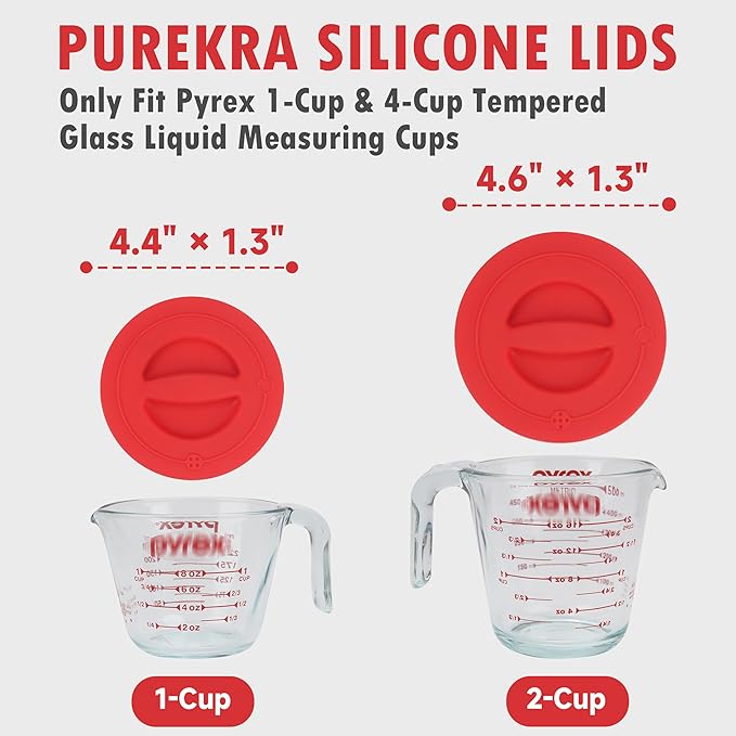 2 Pack Silicone Replacement Lids, Respectively Fits Pyrex 1-Cup & 2-Cup Tempered Glass Liquid Measuring Cups, Reusable & Food-Grade Silicone, Dishwasher & Microwave Safe (Cups not Included)