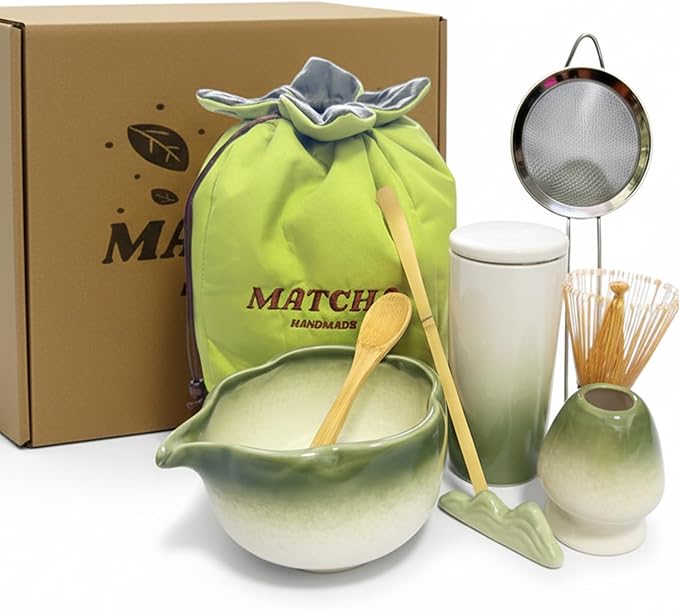 Matcha Whisk Set, 10 Pcs Large Set, Matcha Bowl with Whisk Holder and Spoon Rest All In One Bag, Sakura pink and Matcha Green, Perfect for Enthusiasts, Gift-giving, Christmas Gift
