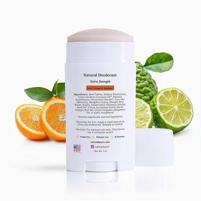 Tallow Deodorant for Men and Women – Extra Strength Aluminum-Free with Beef Tallow, Baking Soda, Beeswax, Coconut Oil and Mango Butter – Sweet Orange Bergamot Deodorant, 3 oz