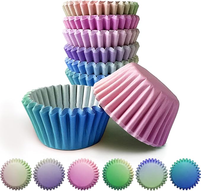 qiqee Mini Cupcake Liners Cupcake Cups 300-Count Food Grade Pink Purple Blue Gradient Design Cupcake Papers Baking Cups Cupcake Wrappers(Small Size)