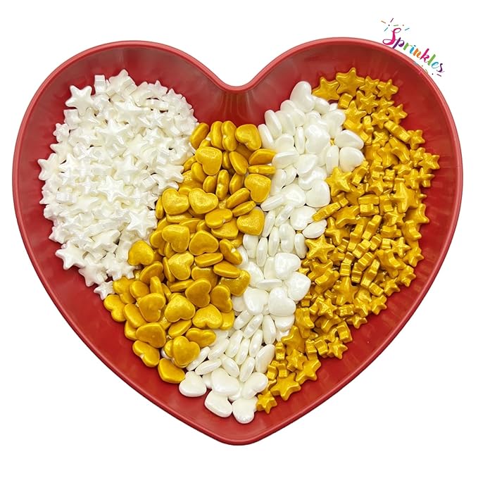 SE Si&Moos White and Gold Star Candy Gold and White Heart Sprinkles Edible Stars Star and Heart Candy Decorations Valentine Sprinkles for Cakes, Cupcakes, Cookies, Shower Party Birthday Holiday Supplies 3.5 OZ