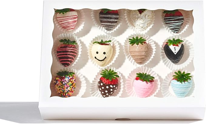 4PCS 10 x 7 x 2.5 inches Elegant Cookies Boxes, Strawberries Boxes with Display Window, White Paper Box