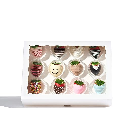 12PCS 10 x 7 x 2.5 inches Premium Fancy White Strawberry Boxes, Cookie Boxes, Elegant White Bakery Box with Display Window