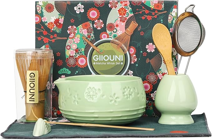 Matcha Whisk Tea Set: Ceramic Bowl with Spout, Bamboo Matcha Whisk & Spoon, Chasen Holder, Scoop Rest, Sifter, 8-Pcs Japanese Matcha Powder Kit–Gift for Ceremony & Matcha Lovers-Mint