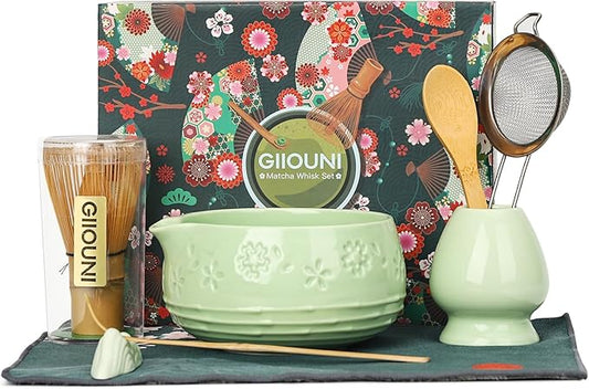 Matcha Whisk Tea Set: Ceramic Bowl with Spout, Bamboo Matcha Whisk & Spoon, Chasen Holder, Scoop Rest, Sifter, 8-Pcs Japanese Matcha Powder Kit–Gift for Ceremony & Matcha Lovers-Mint