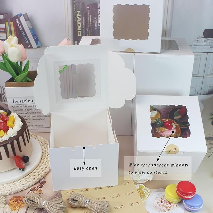 20 pcs Cake Boxes 6x6x5Inch Bakery Boxes with Window White Cupcake Boxes