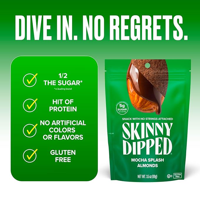 SkinnyDipped Mocha Splash Almonds, Healthy Snack, Plant Protein, Gluten Free, 3.5 oz Resealable Bags, Pack of 5