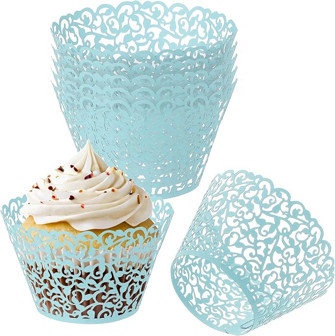 PATIKIL Cupcake Wrappers Paper, 50 Pack Baking Cups Standard Vine Decoration for Anniversary Birthday Weddings and Parties, Light Blue