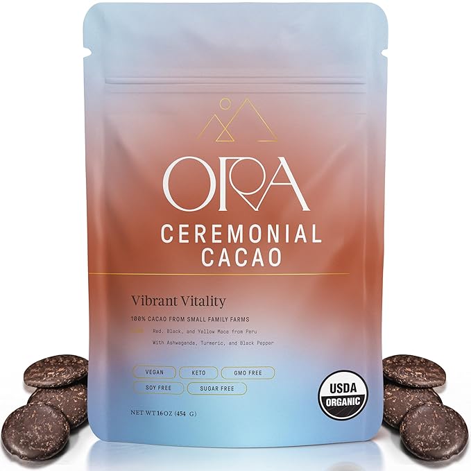 ORA Ceremonial Cacao - Vibrant Vitality - Organic 100% Cacao with Maca, Ashwagandha, Turmeric - Ethical - High Flavanol - Unsweetened - Heavy Metals Tested - 16oz