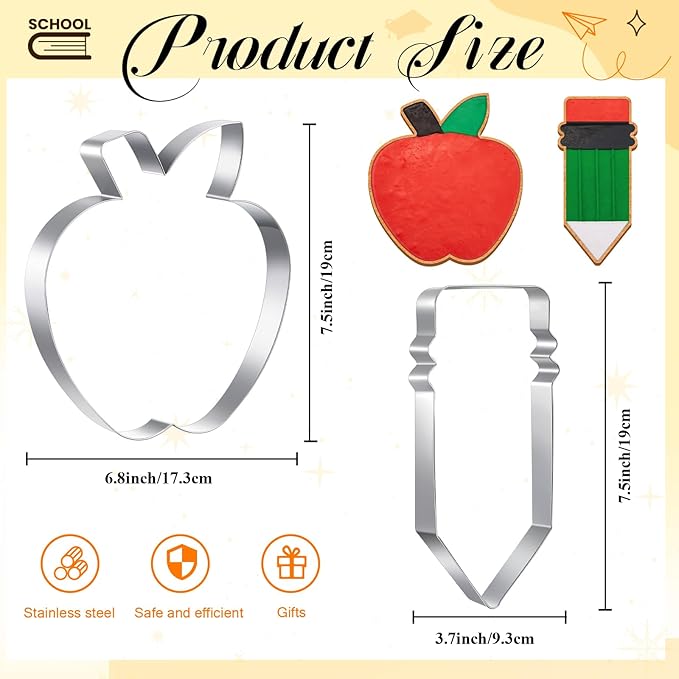 2 Pcs Large Back to School Cookie Cutters 8" Extra Large Apple and Pencil Stainless Steel Giant Cookie Cutter for Back to School Holiday Baking
