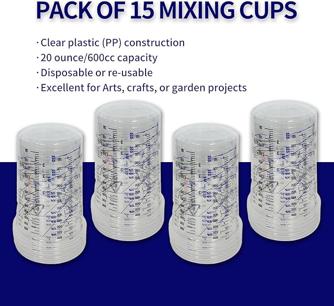 15 PACK Paint Mixing Cups by KEHE REFINISH,20 oz (600ml),Plastic Measuring Cups with Funnels and Mixing Sticks for Liquids, Paints, Resin, Epoxy, Art,Ratios 1:1,2:1, 3:1, 4:1,5:1,6:1,7:1,8:1