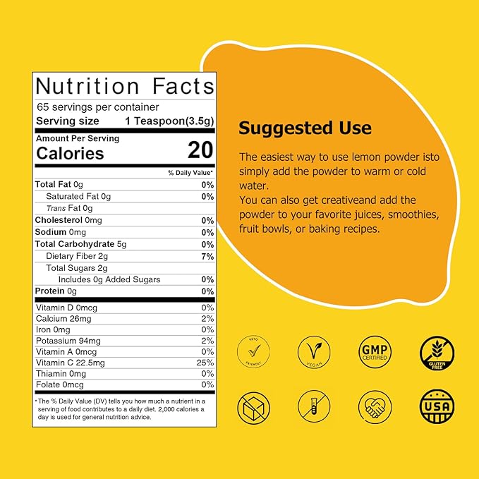 Lemon Powder,Whole Lemon Juice Freeze Dried Powder Strong Lemony Flavor 8 Oz (Pack of 2)