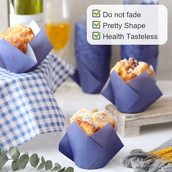 Jutom 200 Pack Tulip Cupcake Liners Paper Baking Cups Greaseproof Muffin Liners Grease Resistant Cupcake Wrappers for Weddings Birthday Cake Balls Muffins Candy Jelly Party(Dark Blue)