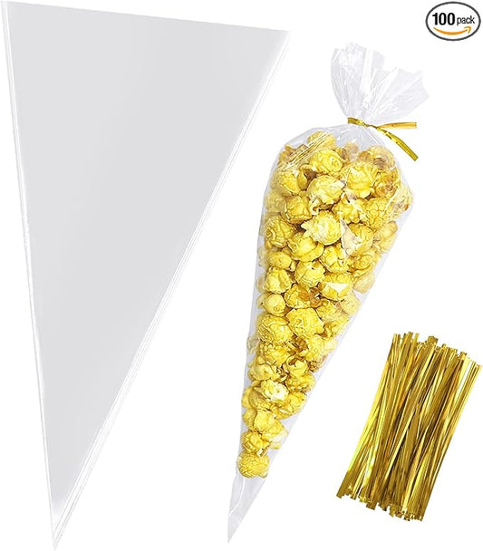 Morepack Cone Treat Bags, 100Pcs, 7x15 Inches, Clear Cellophane, with Twist Ties, for Treats, Popcorn, Candy, Party Favors