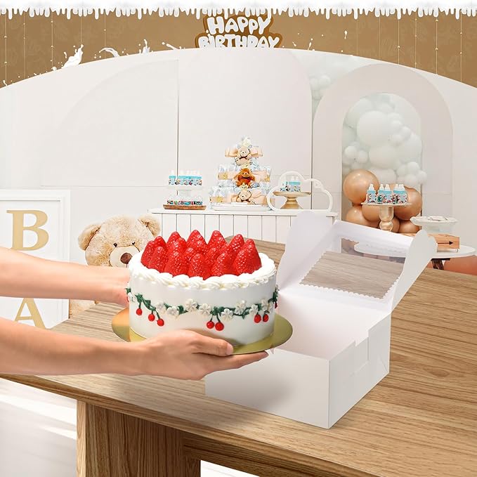 32Pcs 10 Inch Cake Boxes with Cake Boards (16Pcs White Cake Boxes, 16Pcs Cake Boards), 10x10x5 Inch Bakery Boxes with Window, Cake Carrier Container for Birthday Party, Wedding
