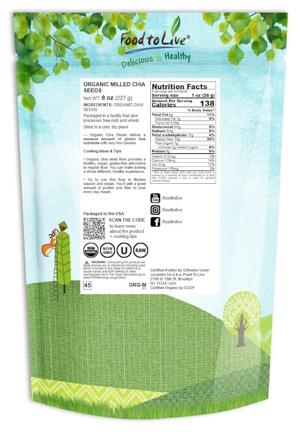 Organic Chia Seeds Powder, 8 Ounces – Non-GMO Meal, Ground Raw Chia Seeds, Cold Milled, Kosher, Vegan, Bulk. Rich in Omega-3, Fiber, Protein. Great as Thicker. Perfect for Baking, Salads, Smoothies.