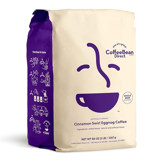 Coffee Bean Direct Cinnamon Swirl Eggnog Flavored, Whole Bean Coffee, 5 Pound Bag (Pack of 1)