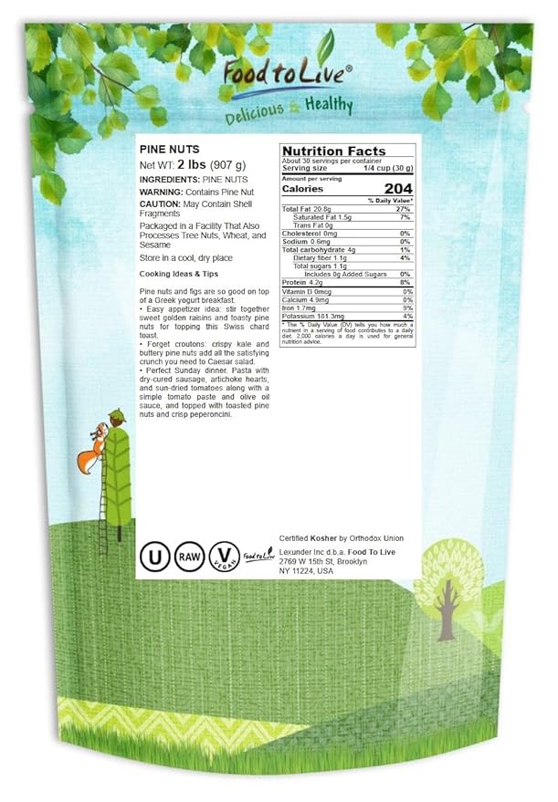 Food to Live Pine Nuts, 2 Pounds Whole Raw Pignolias, Unsalted, Vegan, Kosher, Bulk. Rich in Vitamin E, Protein. Healthy Snack. Great for Pesto, Salads, Homemade Desserts.