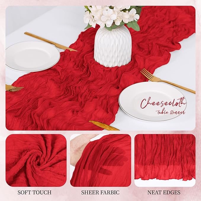 6 Pack Red Cheesecloth Table Runner 17x108 Inch Semi Sheer Boho Gauze Cheese Cloth Fabric Table Runners, for Wedding Party Baby Shower Birthday Home Decor Garden Farmhouse