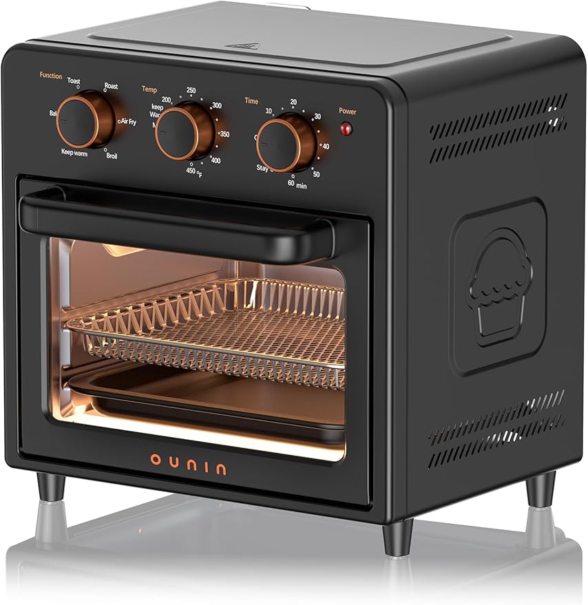 OUNIN Air Fryer & Toaster Oven with Steam Infusion, 12L Compact, Countertop Friendly, Fast Preheat with Bake, Convection Bake, Grill, Broil and Warm Options, 60-Minute Timer, Stainless Steel