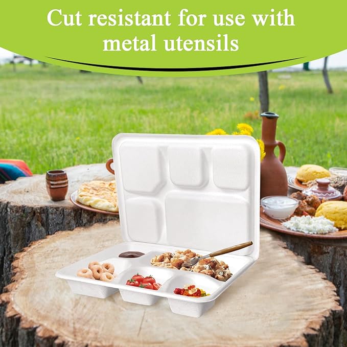 three leaf 5 COMPARTMENT MEAL TRAY WITH LID SET, 125 SETS. Heavy-Duty- Super Strong- Natural- Eco-Friendly Disposable Bagasse Tray with Plates, 100% Biodegradable Plates
