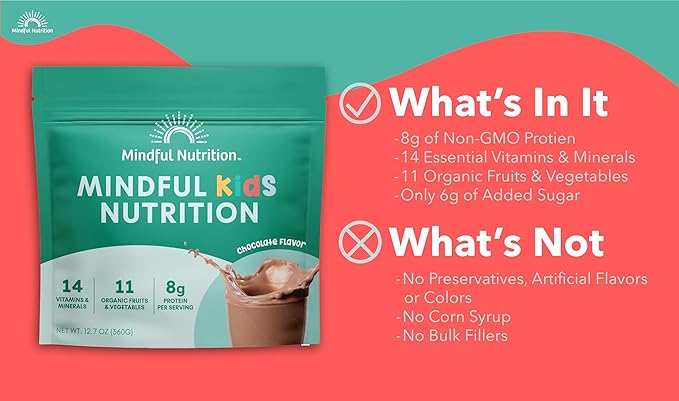 Mindful Nutrition Kids Protein Powder Shake Mix, Organic Fruit and Vegetable Green Superfoods, Vitamins, Minerals, Healthy Chocolate Milk Snack for Toddlers, Kids, Teens and Adults 12.7oz