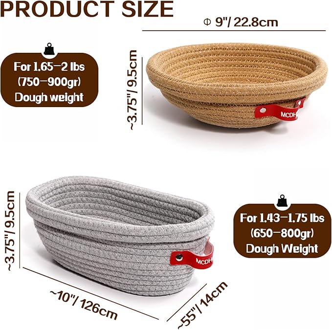 mcdhhemoCotton Rope Banneton Bread Proofing Basket Set, 2 Round Bread Baskets with Liner and Lid, Suitable for Artisan Bread Baking and Sourdough Bread Baking Supplies