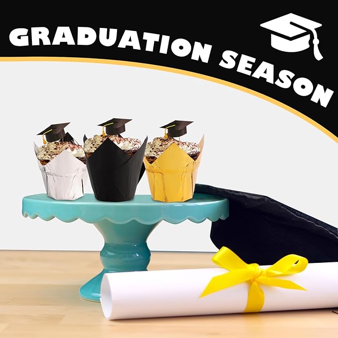 150 Pcs Graduation Tulip Cupcake Liners 2024 Congrats Grad Aluminum Foil Paper Baking Cups Greaseproof Muffin Liners Holders Graduation Cap Cup Cake Paper Cup Tulip Cupcake Wrappers for Party
