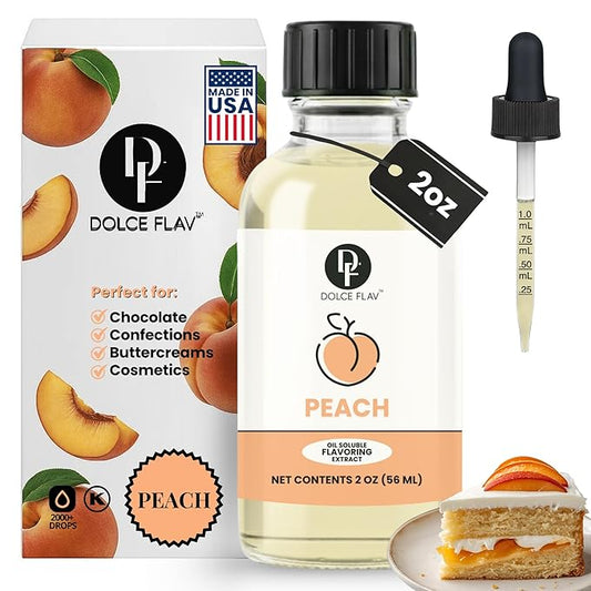 Dolce Flav Peach Extract – 2 Ounce Oil-Soluble Kosher, Sugar-Free, Concentrated Juicy Peach Flavoring for Baking, Chocolates & Desserts, Includes Measured Dropper