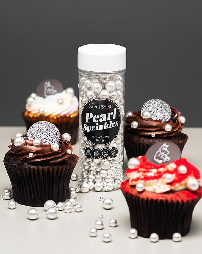 Sweet Spell Silver Pearl Sprinkles for Cake Decorating (120g/ 4.2oz) - Sugar Candy Ball Pearls for Cupcakes, Ice Cream Toppers, and Baking Cake Decoration