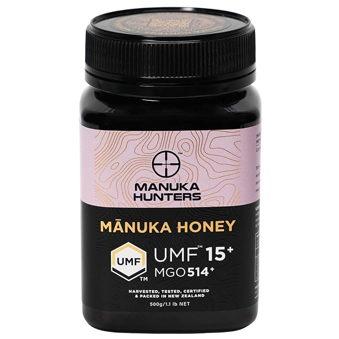 Manuka Hunters UMF 15+/MGO 514+ Certified New Zealand Manuka Honey - 100% Pure Natural Sweetener - Gluten, Dairy Free - Ideal for Tea, Coffee, Smoothies, and Baking - Sustainable - 1.1lbs/500g Jar
