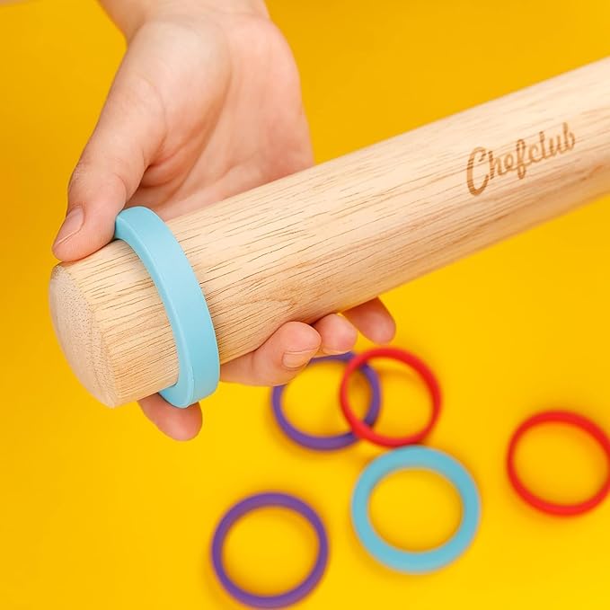 Chefclub Kids Adjustable Wooden Rolling Pin - 3 Removable Silicone Rings - Perfect for Baking & Pastry, Pizza, Pie, Cookie Dough - Precision Baking Tool for Kids