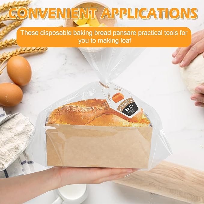 100 Pack Disposable Paper Gift Baskets 2Lb Loaf Pans for Baking Rectangle Bread Storage Bags with Clear Plastic Bags and Ties Kit for DIY Bakery Birthday Wedding Bow Party Gift Wrapping
