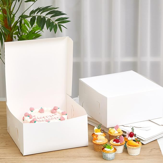 Ireer 50 Pack 12 x 12 x 5 Inch White Cake Boxes Cardboard Bakery Boxes for Pie Pastry Cookie