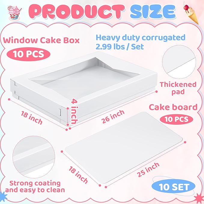 10 Sets 26 x 18 x 4 Inch Corrugated Full Sheet Cake Box with Window Include 10 Paperboard Cake Box Bottom 10 Bakery Top 10 Greaseproof Pad Tray for Dessert